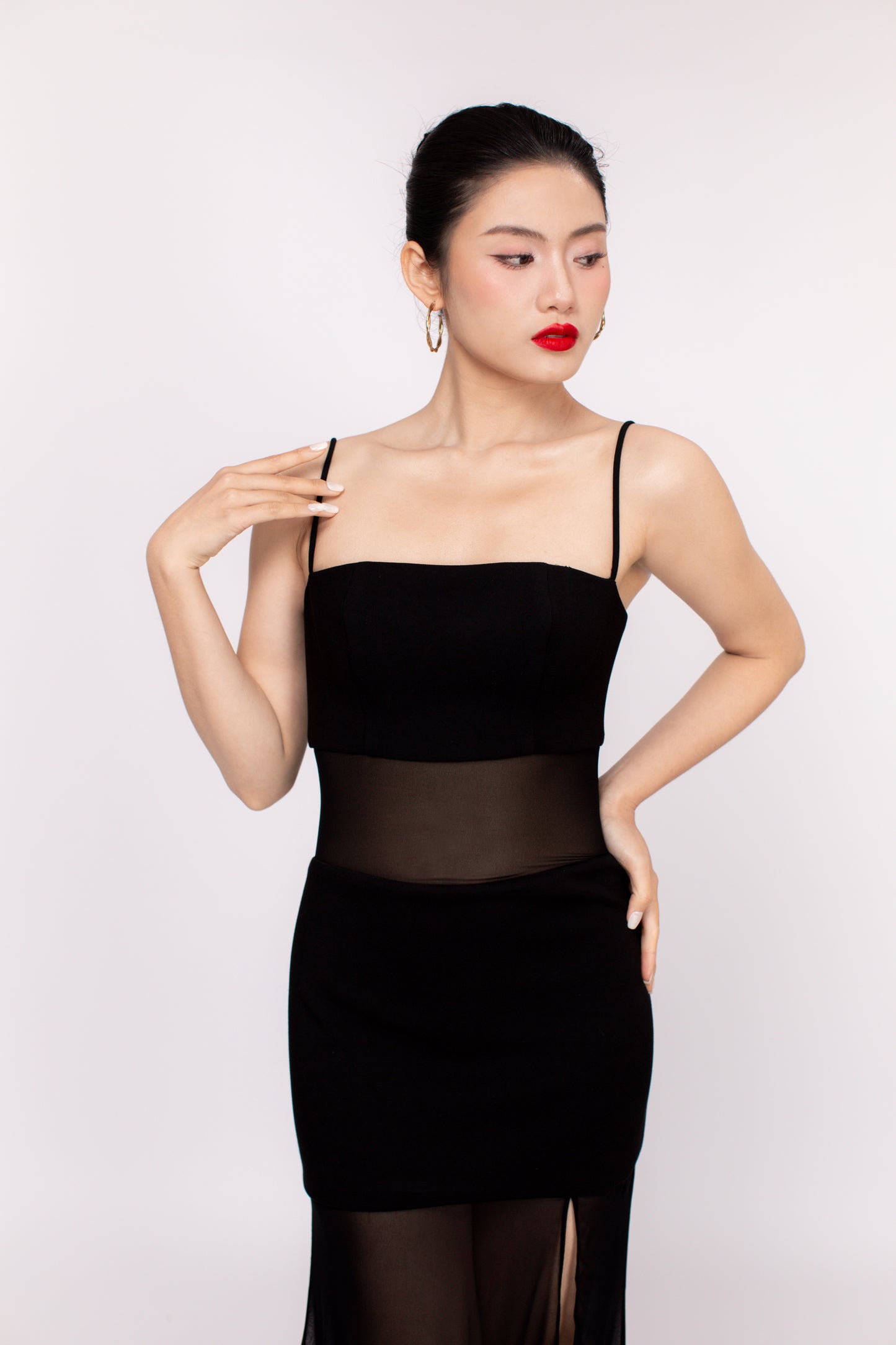 Close-up of Dahlia dress neckline and shoulder design
