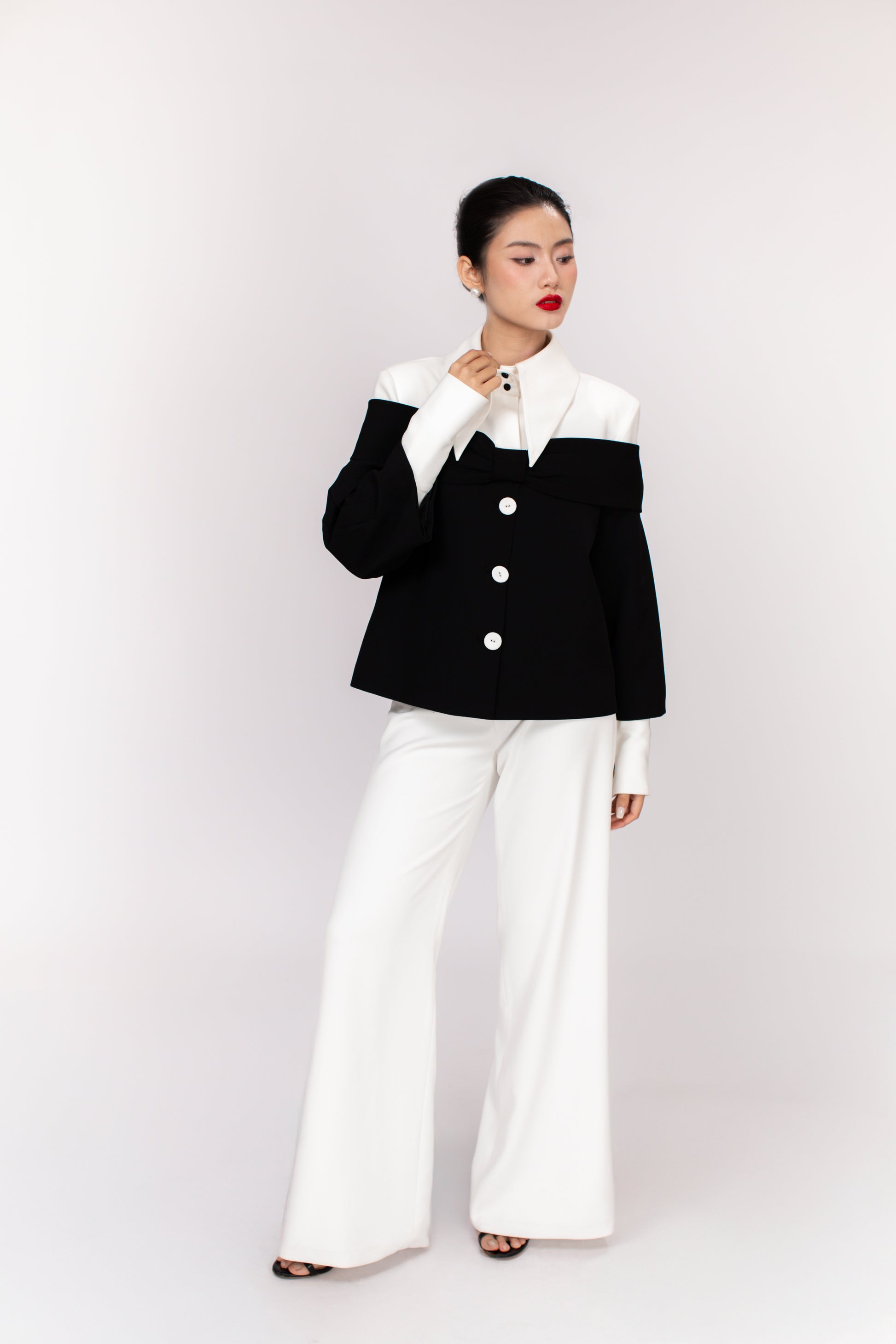 Grace top paired with tailored Freya pants for a versatile office, brunch, or afternoon tea look