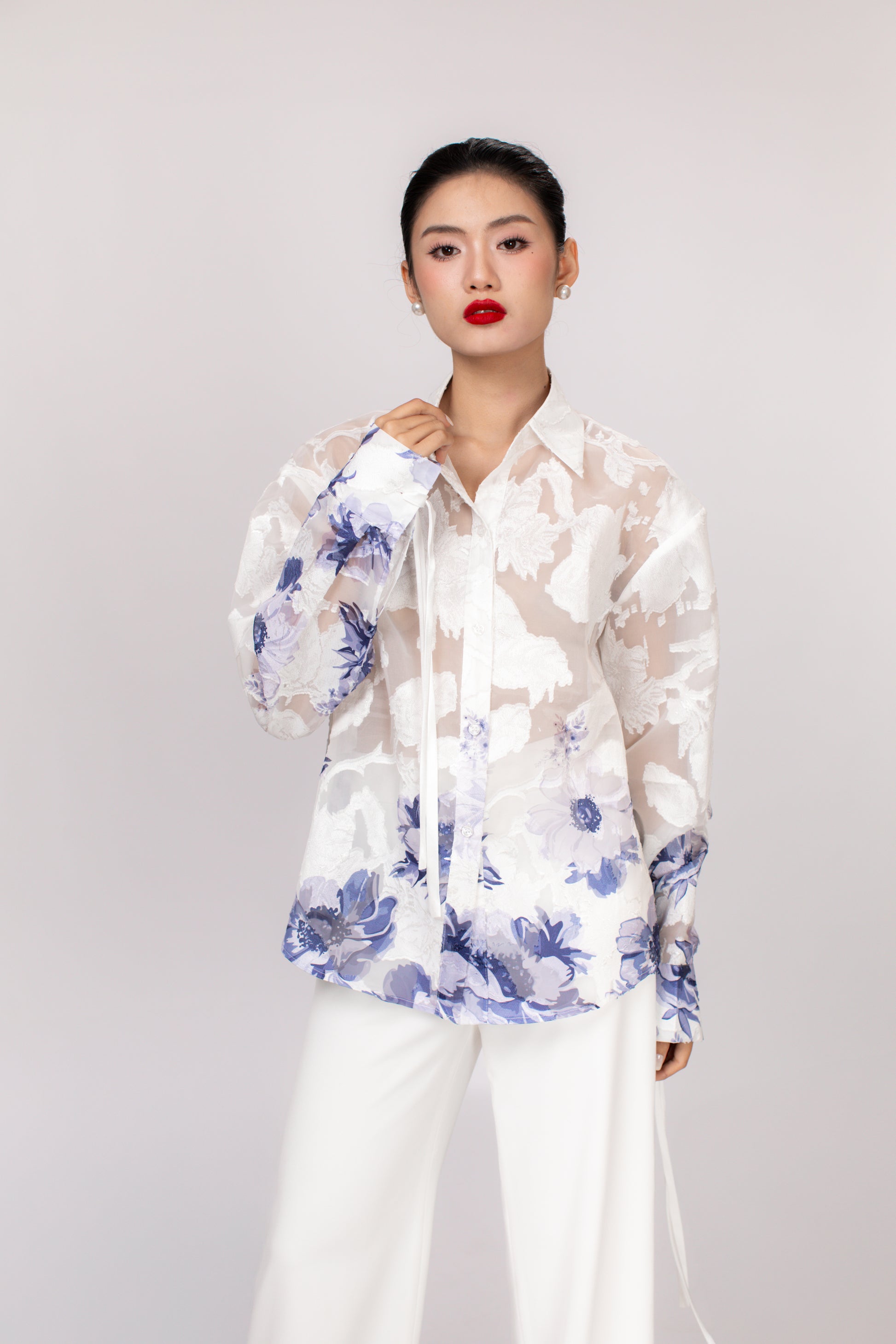 Front view of Hallie minimalist oversized women's top pairing with Freya wide leg pants in white color